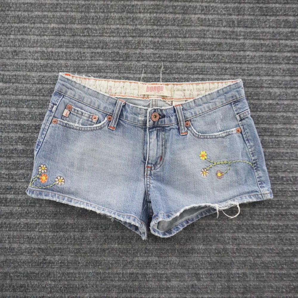 Vintage 00s Bongo Denim Mini Shorts Womens 3 Blue Floral Distressed Low Rise